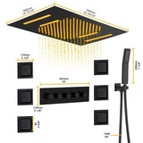 Cascada Luxury 15”x23” Music LED shower system with built-in Bluetooth Speakers, 4 function (Rainfall, Waterfall, Body Jet & Handshower) with Remote Control 64 Color Lights cascada system LED bluetooth shower head speaker hot cold music rain rainfall musical lights showerhead body spray jets waterfall misty ceiling mounted handheld high pressure multicolor holder matte black chrome oil rubbed bronze mixer remote control