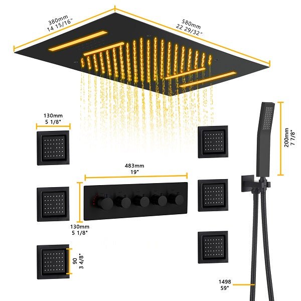 Cascada Luxury 15”x23” Music LED shower system with built-in Bluetooth Speakers, 4 function (Rainfall, Waterfall, Body Jet & Handshower) with Remote Control 64 Color Lights cascada system LED bluetooth shower head speaker hot cold music rain rainfall musical lights showerhead body spray jets waterfall misty ceiling mounted handheld high pressure multicolor holder matte black chrome oil rubbed bronze mixer remote control