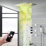 Cascada Luxury 15”x23” Music LED shower system with built-in Bluetooth Speakers, 4 function (Rainfall, Waterfall, Body Jet & Hand shower) & Remote Control 64 Color Lights cascada system LED bluetooth shower head speaker hot cold music rain rainfall musical lights showerhead body spray jets waterfall misty ceiling mounted handheld high pressure multicolor holder matte black chrome oil rubbed bronze mixer remote control
