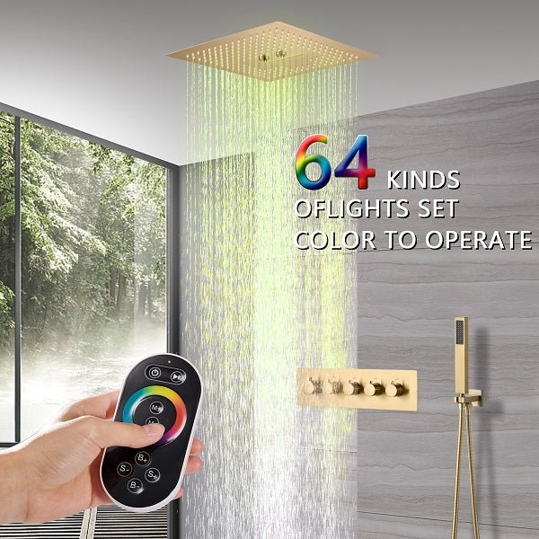 shower music player. shower with lights and music. shower music system. speaker for shower. bluetooth music led shower system. bluetooth speaker for shower. bluetooth speakers shower shower entertainment system. built-in shower speaker. shower light with bluetooth speaker. Cascada Luxury 16” Square Music LED shower system with built-in Bluetooth Speakers, 4 function (Rainfall, Waterfall, Misty, & Hand shower)