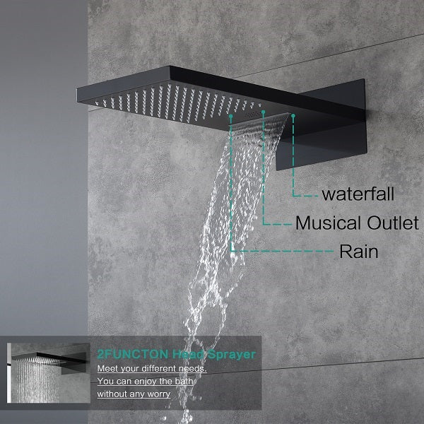 Cascada Luxury 22” Music LED shower system (Wall Mounted) with Single Valve & LCD Display, 3 function (Rain, Waterfall & Hand Shower) & Remote Control 64 Color Lights (Matt Black) cascada system LED bluetooth shower head with handheld speaker hot cold music rain rainfall musical light showerhead body spray jet waterfall lifting rod wall mounted high pressure thermostatic mixer black matte chrome oilrubbed bronze remote control