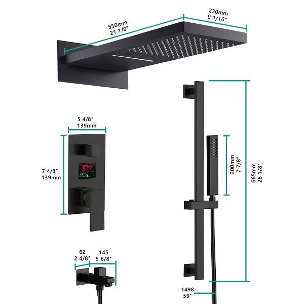 Cascada Luxury 22” Music LED shower system (Wall Mounted) with Single Valve & LCD Display, 3 function (Rain, Waterfall & Hand Shower) & Remote Control 64 Color Lights (Matt Black) cascada system LED bluetooth shower head with handheld speaker hot cold music rain rainfall musical light showerhead body spray jet waterfall lifting rod wall mounted high pressure thermostatic mixer black matte chrome oilrubbed bronze remote control