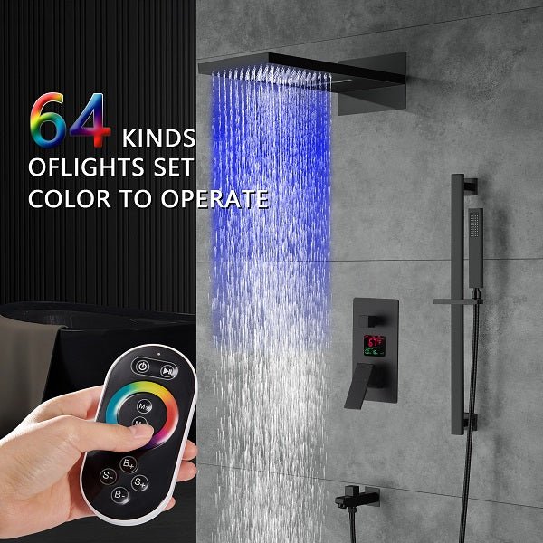 Cascada Luxury 22” Music LED shower system (Wall Mounted) with Single Valve & LCD Display, 3 function (Rain, Waterfall & Hand Shower) & Remote Control 64 Color Lights (Matt Black) cascada system LED bluetooth shower head with handheld speaker hot cold music rain rainfall musical light showerhead body spray jet waterfall lifting rod wall mounted high pressure thermostatic mixer black matte chrome oilrubbed bronze remote control