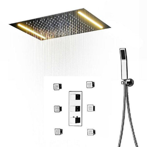shower head with handheld rain LED rainfall 3 knob handle showers heads high pressure hand held system holder waterfall spray black matte gold chrome oil rubbed bronze 3 way mixer ceiling mount Recessed rectangle 6 Massage Jets Spray Body Showers Set