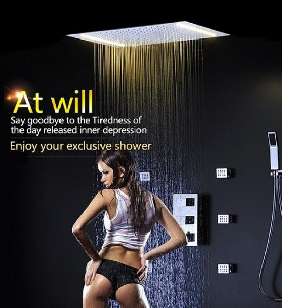 shower head with handheld rain LED rainfall 3 knob handle showers heads high pressure hand held system holder waterfall spray black matte gold chrome oil rubbed bronze 3 way mixer ceiling mount Recessed rectangle 6 Massage Jets Spray Body Showers Set