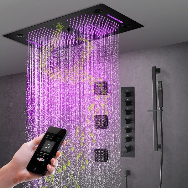 Cascada Pisa 16"x28" Matte Black Bluetooth LED Shower System - Cascada Showers