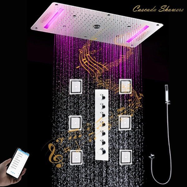 Cascada Ravenna: 15”x32” Bluetooth Shower System with LED Lights, 6 Functions - Cascada Showers