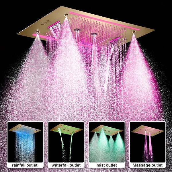 Cascada Venice 23"x31" Brushed Gold Bluetooth LED Showerhead - Cascada Showers