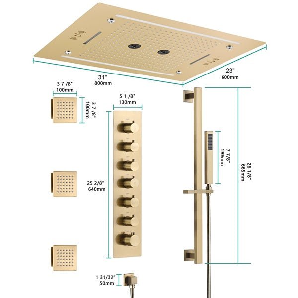 Cascada Venice 23"x31" Brushed Gold Music LED Shower System - Cascada Showers