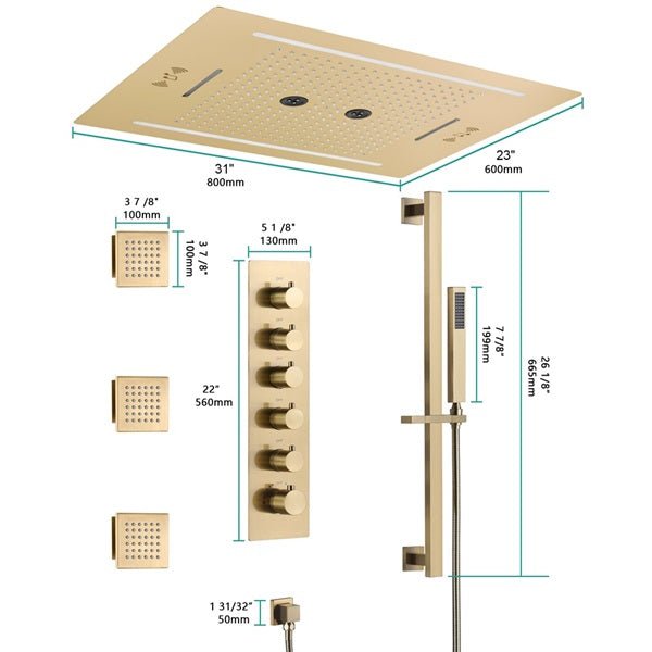 Florence 23"x31" Brushed Gold Music LED Shower System By Cascada Showers - Cascada Showers