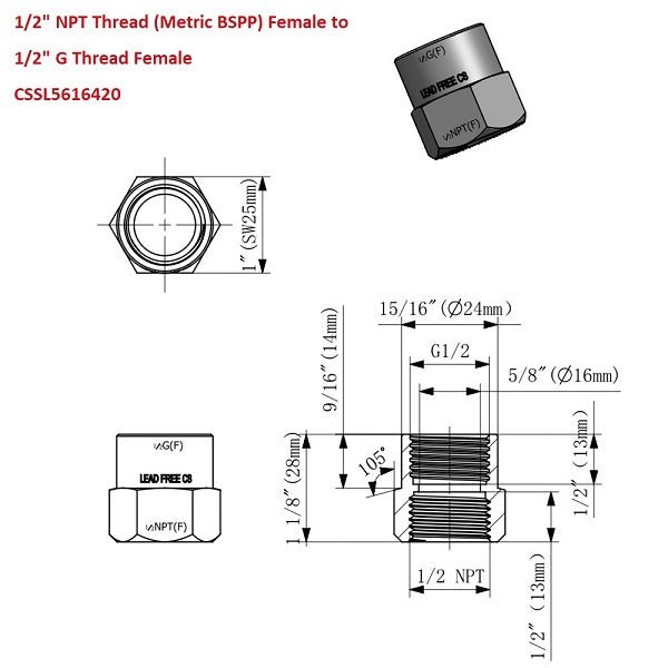 G Thread (Metric BSPP) Female to NPT Female Lead-Free Adapter (1/2" x 1/2") - Cascada Showers