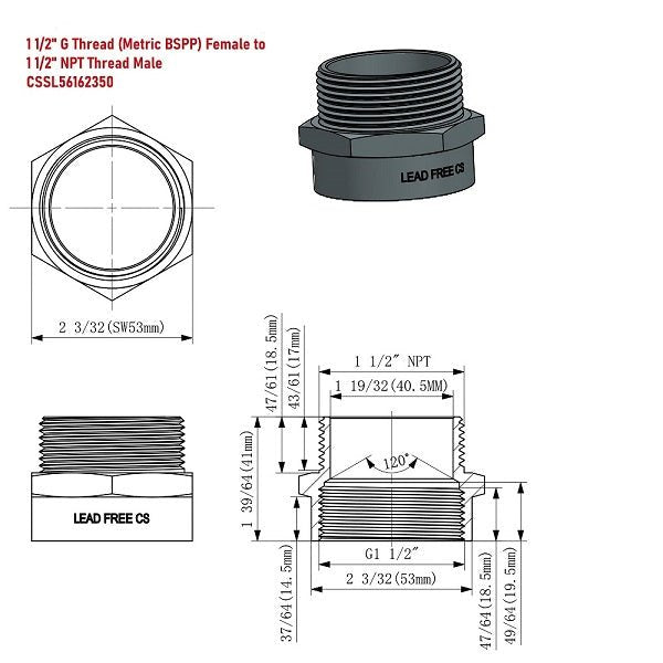 G Thread (Metric BSPP) Female to NPT Male Adapter - Lead-Free (1 1/2" x 1 1/2") - Cascada Showers