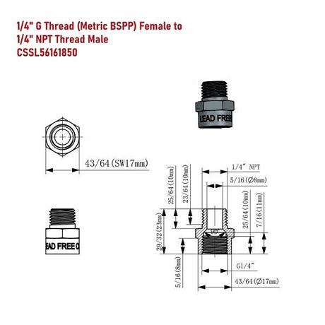 G Thread (Metric BSPP) Female to NPT Male Adapter - Lead Free (1/4" x 1/4") - Cascada Showers