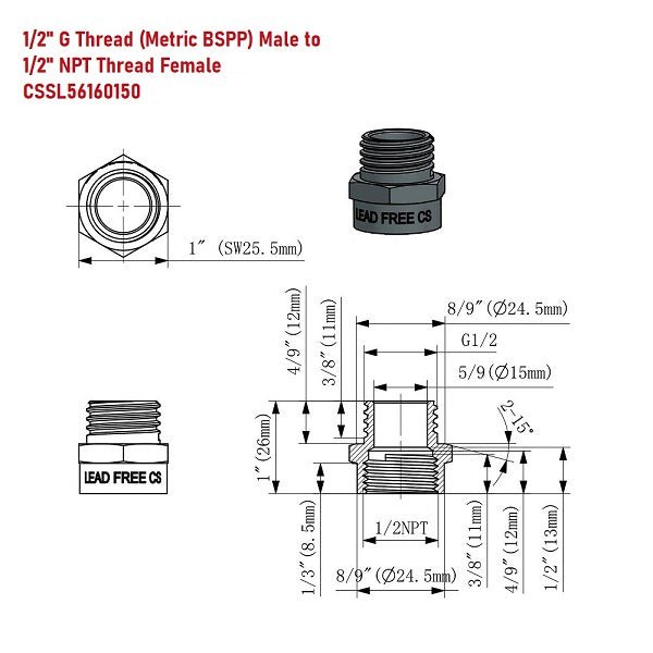 G 1/2 Thread Pipe Fitting Adapter | Lead-Free Connector – Cascada Showers