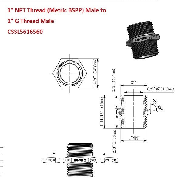 G Thread (Metric BSPP) Male to NPT Male Lead-Free Adapter (1" x 1") - Cascada Showers