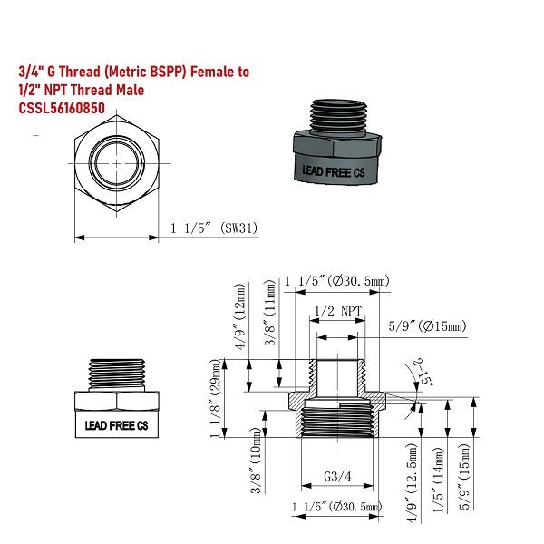 Lead-Free G Thread (Metric BSPP) Female to NPT Male Pipe Fitting Adapter - 1/4" - 3" - Cascada Showers