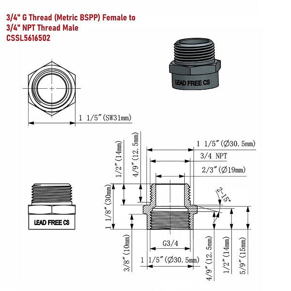 Lead-Free G Thread (Metric BSPP) Female to NPT Male Pipe Fitting Adapter - 1/4" - 3" - Cascada Showers