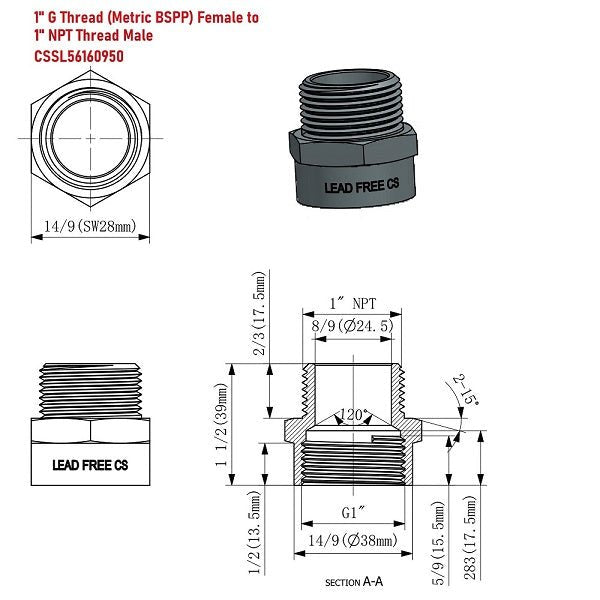 Lead-Free G Thread (Metric BSPP) Female to NPT Male Pipe Fitting Adapter - 1/4" - 3" - Cascada Showers