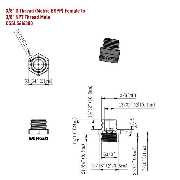 Lead-Free G Thread (Metric BSPP) Female to NPT Male Pipe Fitting Adapter - 1/4" - 3" - Cascada Showers