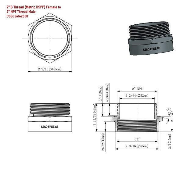 Lead-Free G Thread (Metric BSPP) Female to NPT Male Pipe Fitting Adapter - 1/4" - 3" - Cascada Showers