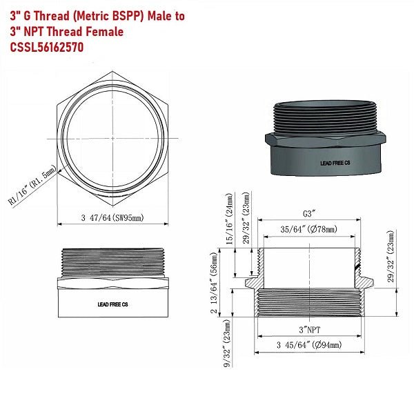 Lead-Free G Thread (Metric BSPP) Male to NPT Female Pipe Fitting Adapter - 1/4" - 3" - Cascada Showers