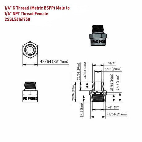 Lead-Free G Thread (Metric BSPP) Male to NPT Female Pipe Fitting Adapter - 1/4" - 3" - Cascada Showers