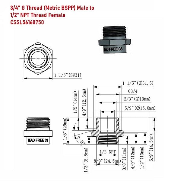 Lead Free BSPP to NPT Adapter Brass 1 4 to 3 Sizes Cascada Showers