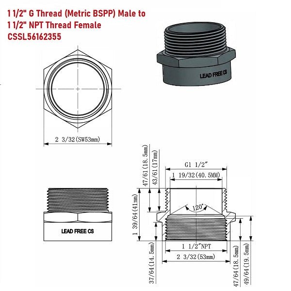 Lead-Free G Thread (Metric BSPP) Male to NPT Female Pipe Fitting Adapter - 1/4" - 3" - Cascada Showers