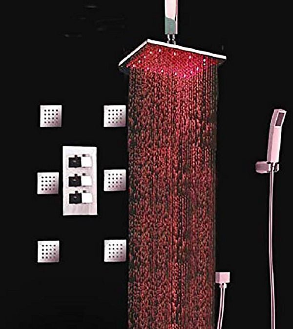 LED Rainfall Thermostatic Shower System with 6 Massage Jets Spray - Ceiling Mount - Cascada Showers