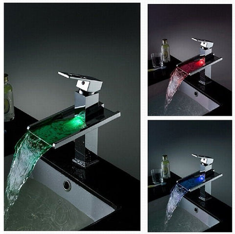 LED Waterfall Sink Faucet - Cascada Showers  cascada bathroom sink waterfall faucet for led light light up faucets color changing hot and cold 1 hole 3 colors water mixer single handle deck mounted tap high quality solid structure automated temperature chrome pressure red green blue Ceramic LED